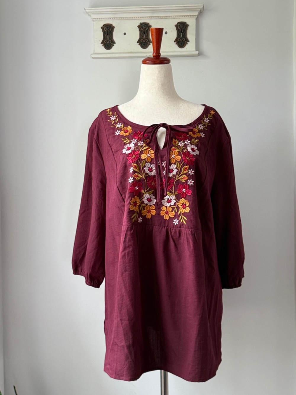 BloomChic Burgundy Embroidered Peasant Tunic Oversized Rayon Plus Blouse 14-16